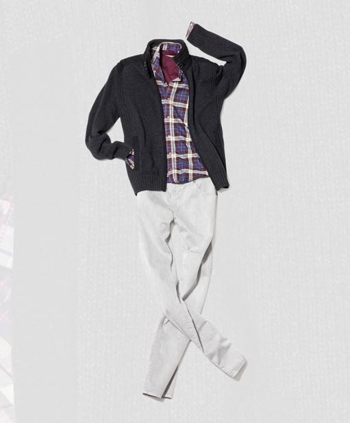 Belstaff the new racemaster zip cardigan, $395. Borgo 28 plaid sport shirt with contrast stitching, $140. Left Coast Tee burgundy pima cotton t-shirt, $65. Alberto modern fit revolution denim, $215.